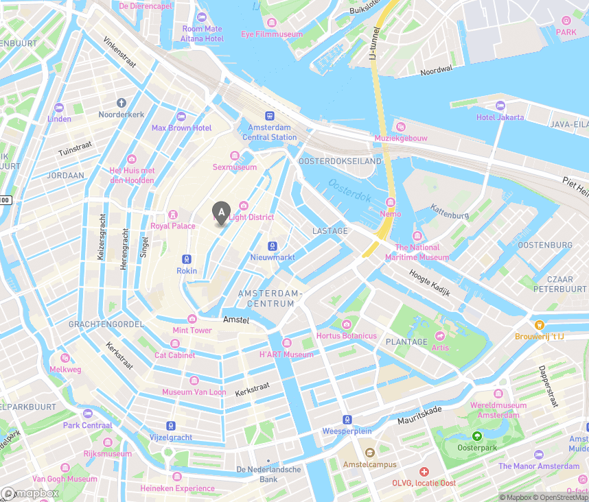 Map of the free boarding locations in central Amsterdam